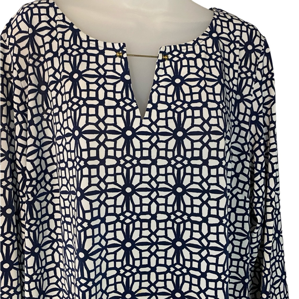 Tacera Shift Dress Qtr Length Sleeve Black/White w/Peach Geometric Women's 1X - Picture 3 of 7